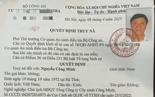 Truy nã đặc biệt Chủ tịch Tổng Công ty Cây xanh Công Minh