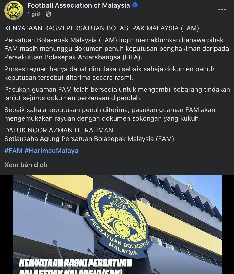 Malaysia l&ecirc;n tiếng khi hạn ch&oacute;t kh&aacute;ng c&aacute;o với FIFA c&ograve;n v&agrave;i giờ - Ảnh 1.