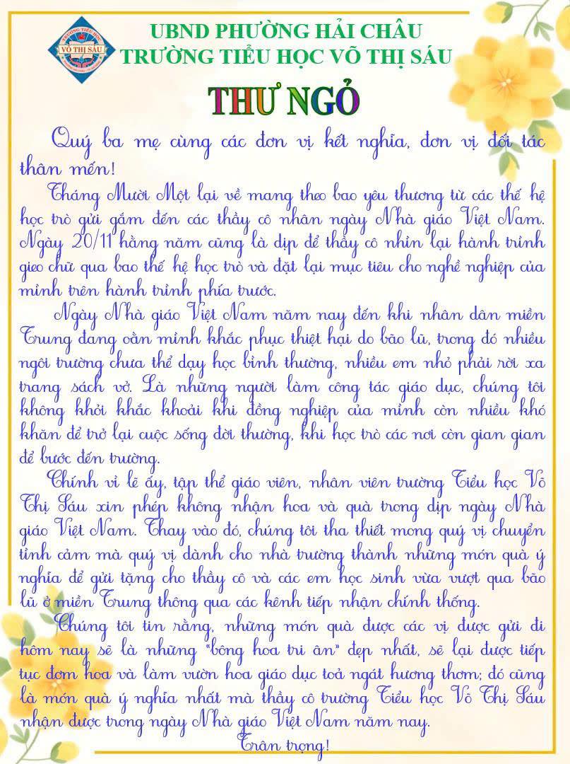 Thư ngỏ cảm động từ trường Tiểu học V&otilde; Thị S&aacute;u trước Ng&agrave;y Nh&agrave; gi&aacute;o Việt Nam 20 - 11 - Ảnh 2.