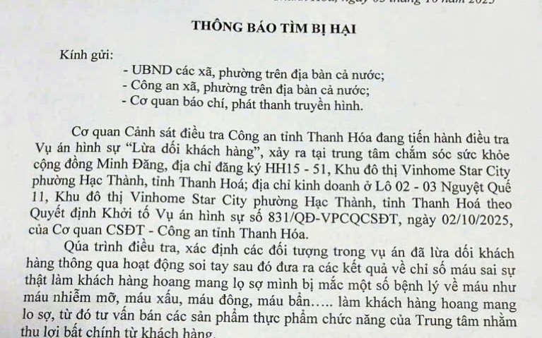 Công an tìm bị hại vụ án lừa dối khách hàng tại trung tâm chăm sóc sức khỏe