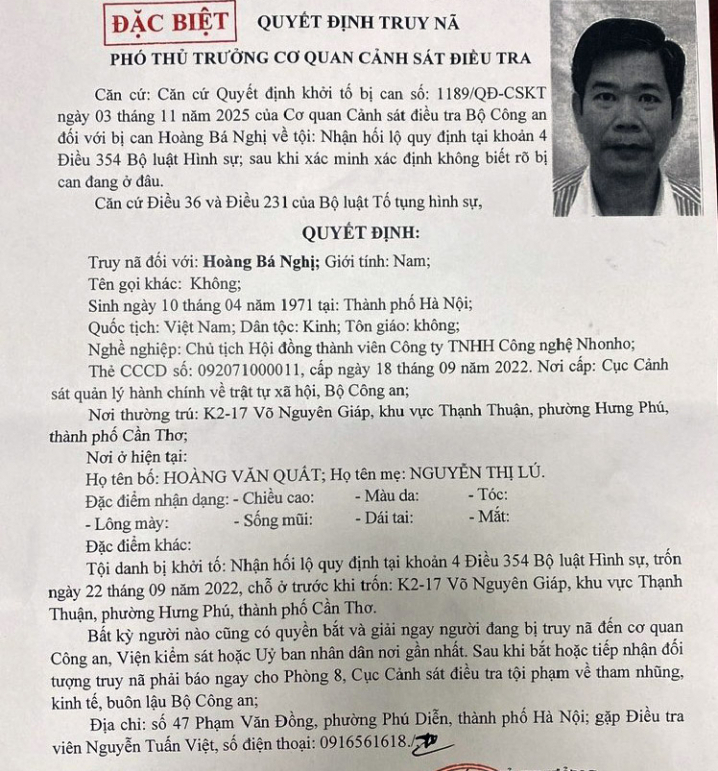 Bộ Công an truy nã đặc biệt Hoàng Bá Nghị , Chủ tịch Công ty NhoNho - Ảnh 1.