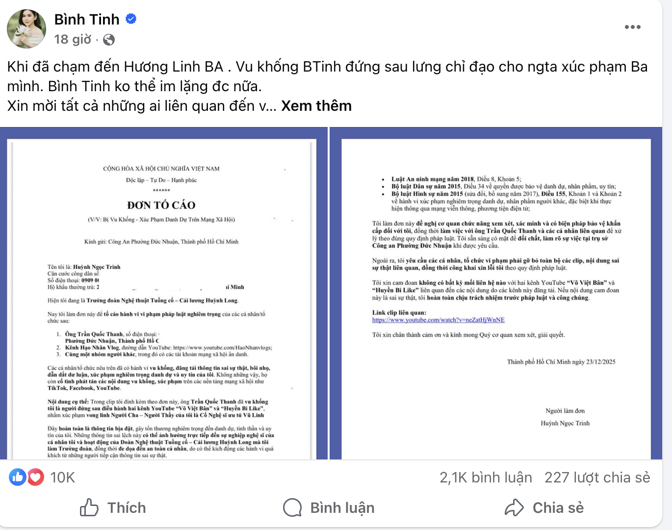 Nghệ sĩ Bình Tinh tố cáo nhiều người - Ảnh 1.
