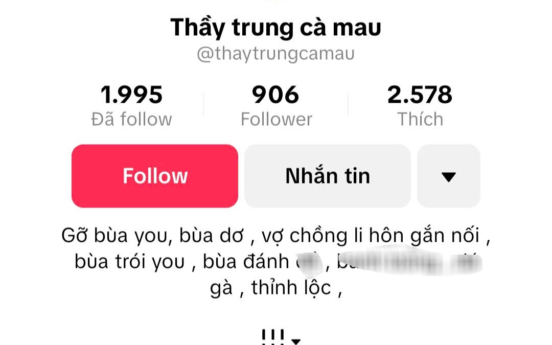 Chủ tài khoản TikTok "Thầy Trung Cà Mau" ra giá làm bùa yêu 1,5 triệu đồng