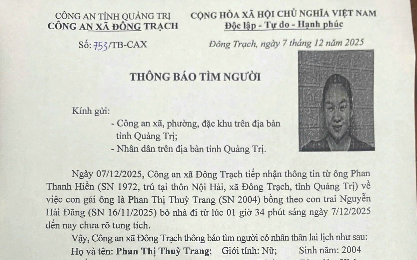 Mẹ trẻ bế con sơ sinh mất tích bí ẩn lúc rạng sáng ở Quảng Trị