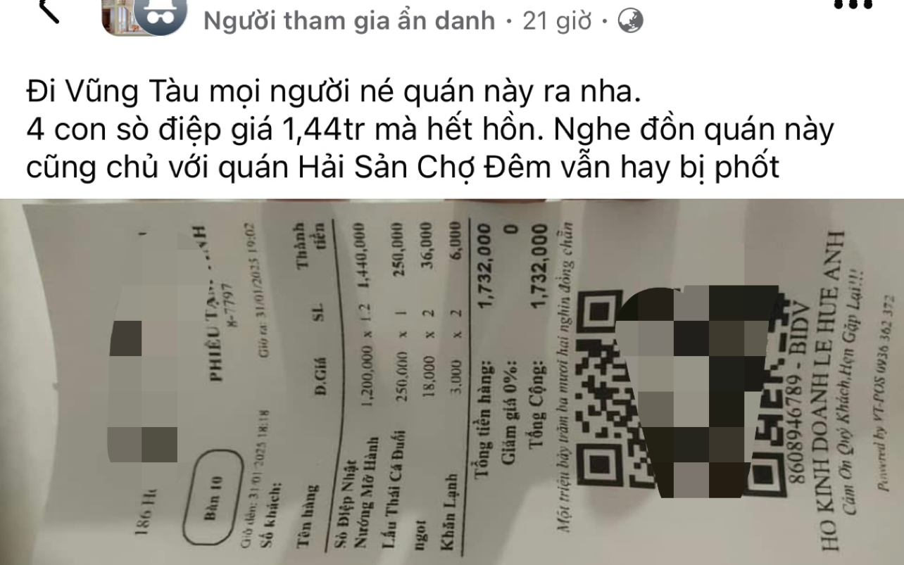 4 con sò điệp giá hơn 1,4 triệu đồng, quán ăn ở Vũng Tàu "bị soi"