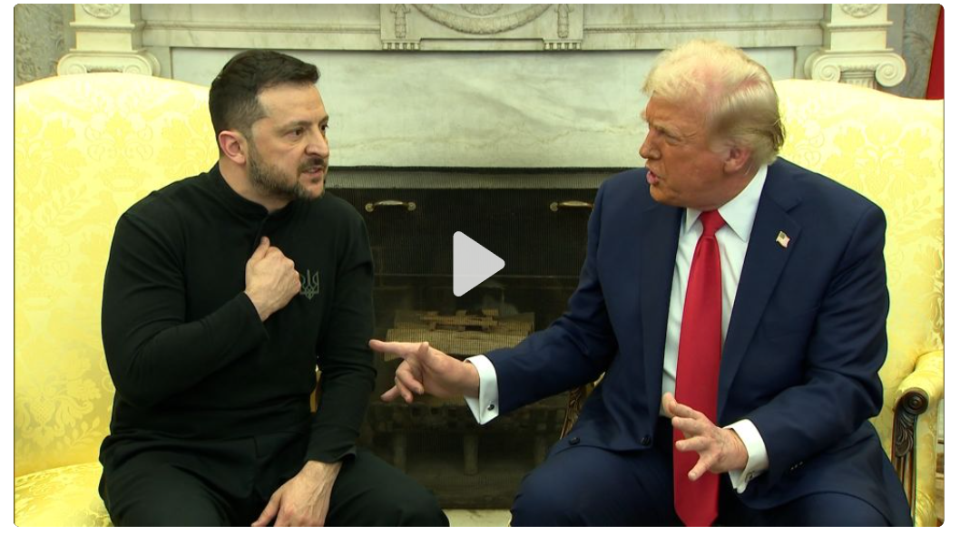 Tổng thống Mỹ Donald Trump (phải) và người đồng cấp Ukraine Volodymyr Zelensky trong cuộc hội đàm tại Phòng Bầu dục hôm 28-2 - Ảnh cắt từ video trên CNN