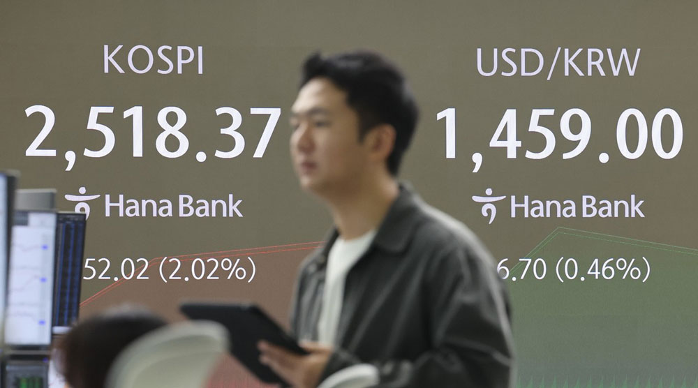 Bảng điện tử hiển thị Chỉ số gi&aacute; cổ phiếu tổng hợp H&agrave;n Quốc tại ph&ograve;ng giao dịch của trụ sở Ng&acirc;n h&agrave;ng Hana ở Seoul - H&agrave;n Quốc h&ocirc;m 11-3. Ảnh: YONHAP