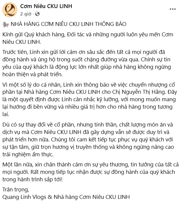 Sau ồn &agrave;o quảng c&aacute;o lố, Quang Linh Vlogs chuyển nhượng cổ phần nh&agrave; h&agrave;ng cơm ni&ecirc;u- Ảnh 1.