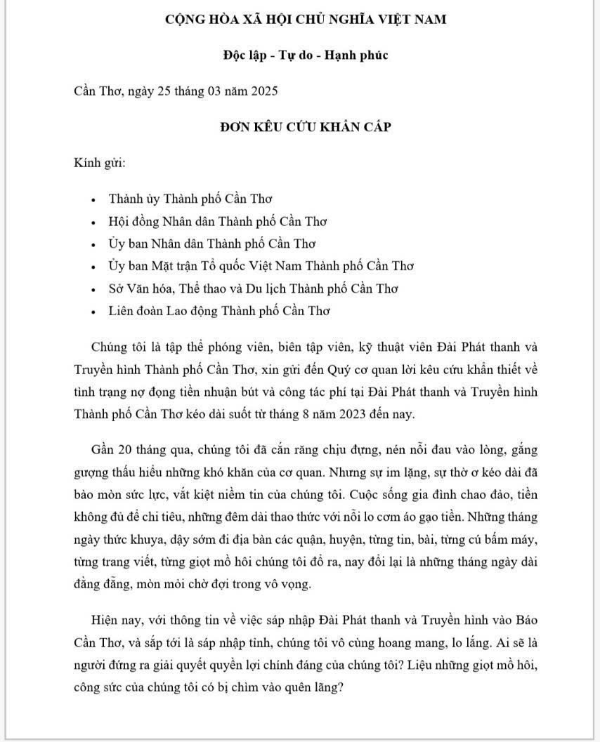 Thực hư tập thể Đài PT-TH TP Cần Thơ viết đơn kêu cứu vì bị nợ tiền nhuận bút- Ảnh 1.