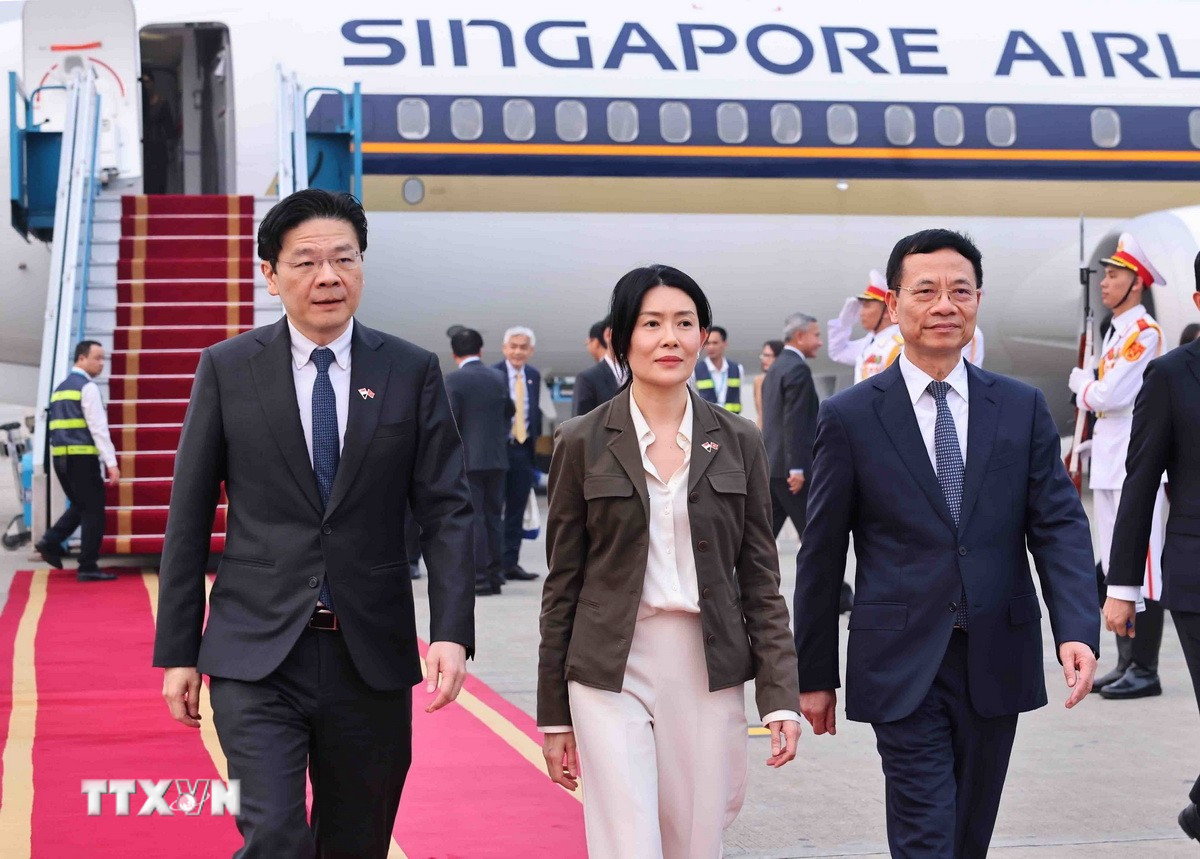 Bộ trưởng Nguyễn Mạnh H&ugrave;ng đ&oacute;n Thủ tướng Singapore v&agrave; Phu nh&acirc;n tại s&acirc;n bay Nội B&agrave;i- Ảnh 3.