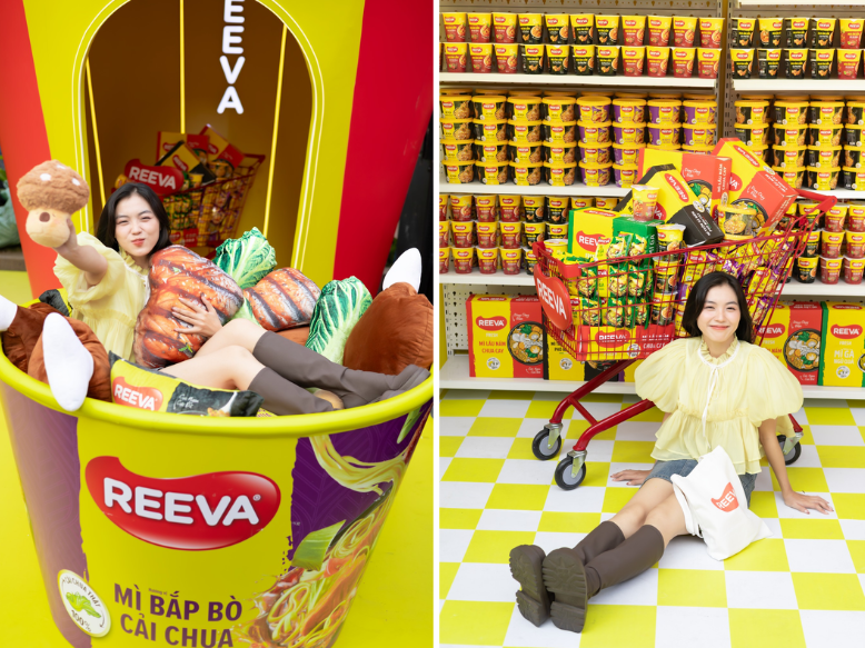 A person sitting in a large bucket of food AI-generated content may be incorrect.