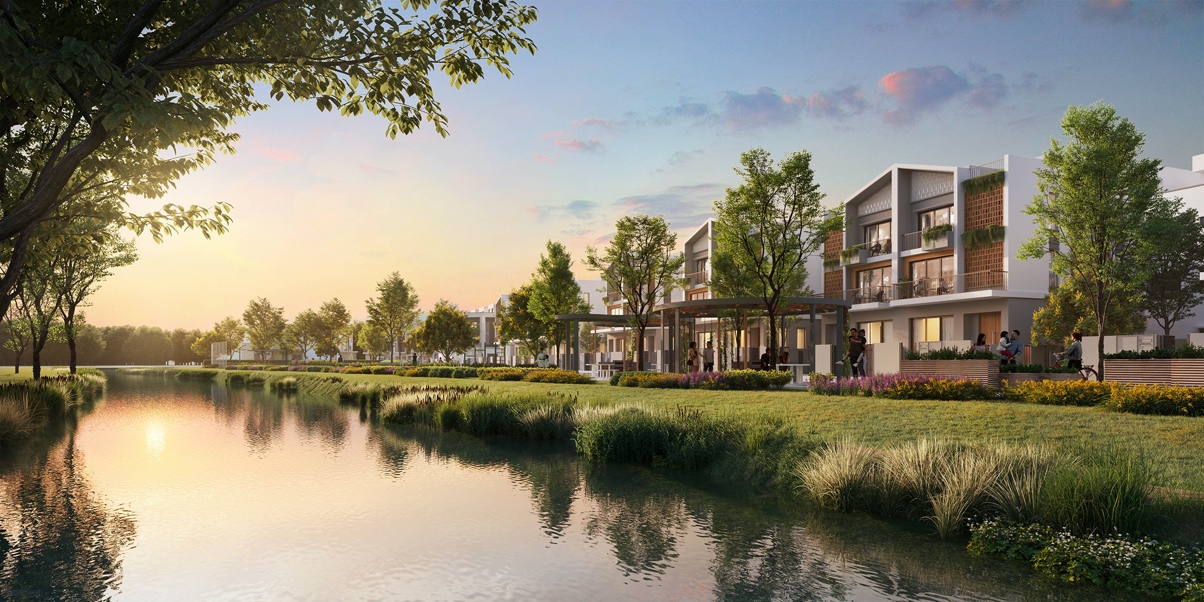 Khan hiếm bất động sản liền thổ khu vực TP HCM- Ảnh 1. A row of houses next to a river Description automatically generated