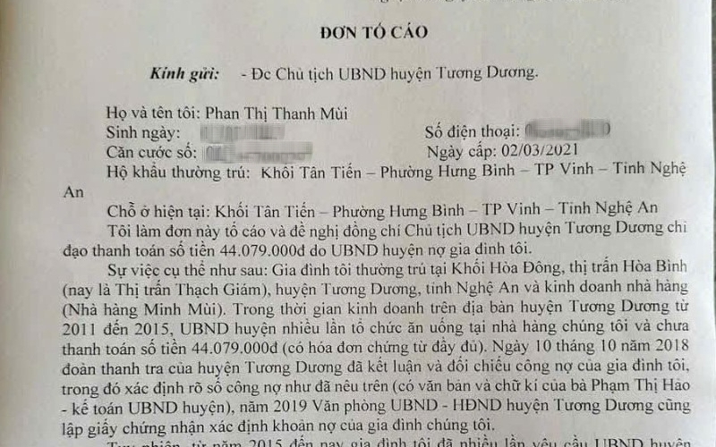 Nữ chủ nhà hàng viết đơn đòi Chủ tịch huyện trả tiền cơm “tiếp khách”