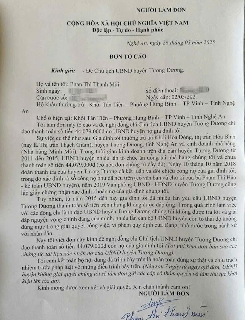 Nữ chủ nh&agrave; h&agrave;ng viết đơn đ&ograve;i Chủ tịch huyện trả tiền cơm &ldquo;tiếp kh&aacute;ch&rdquo;- Ảnh 1.