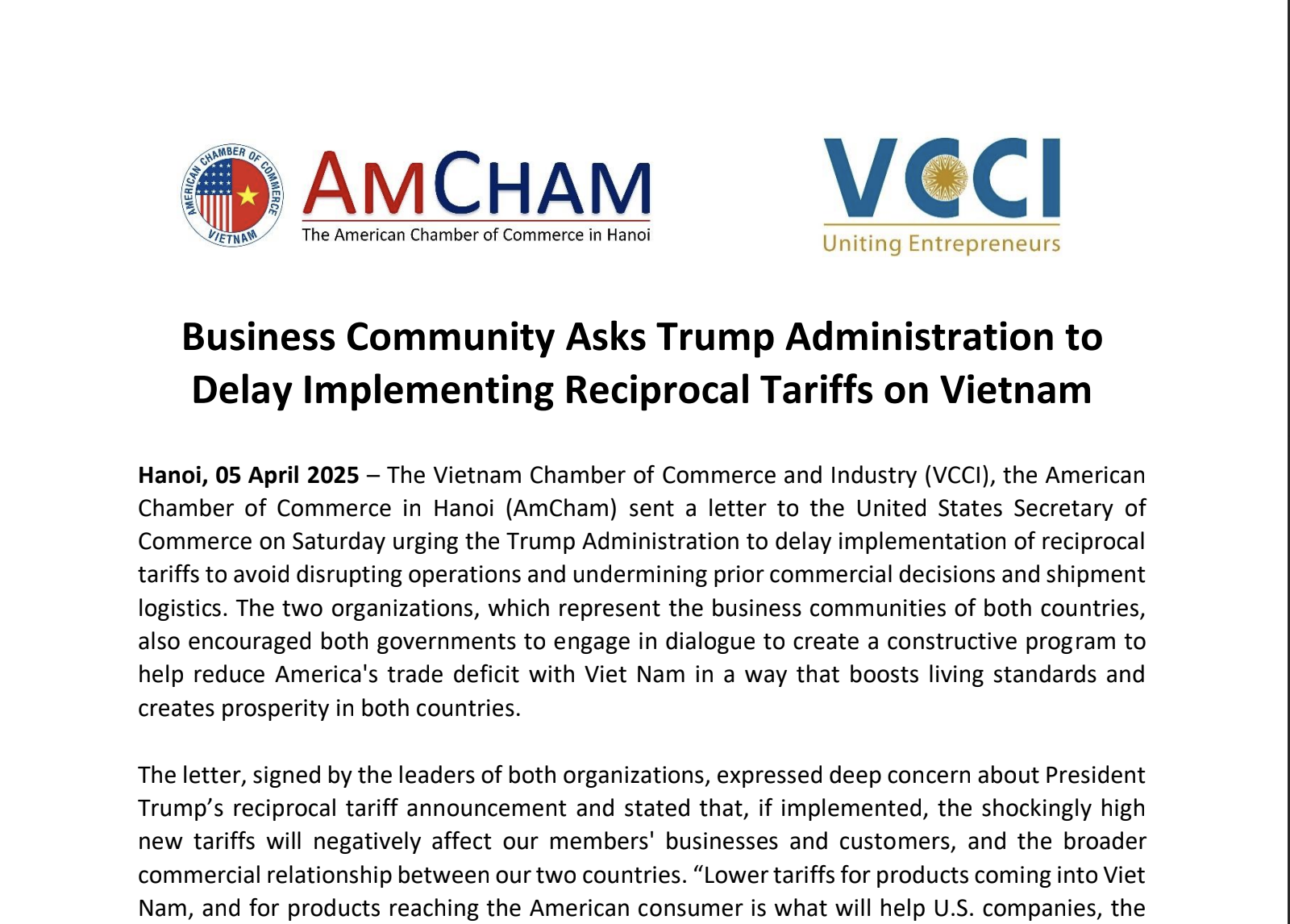 Doanh nghiệp Việt - Mỹ gửi thư chung đến Bộ trưởng Thương mại Mỹ về thuế đối ứng- Ảnh 1.
