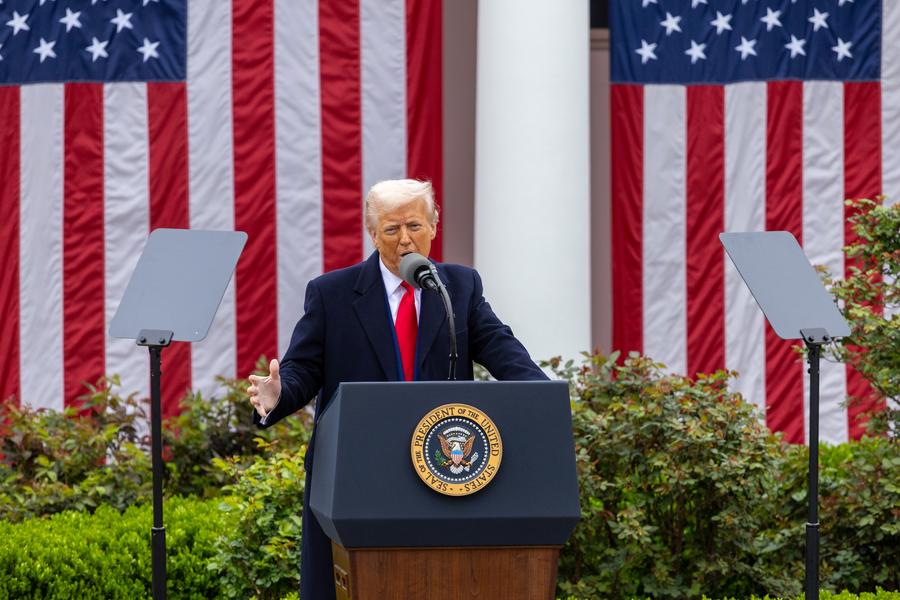 U.S. President Donald Trump delivers remarks on "reciprocal tariffs" at the Rose Garden of the White House in Washington, D.C., the United States, on April 2, 2025. (Xinhua/Hu Yousong)