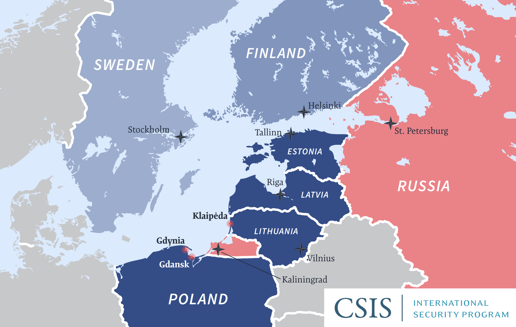 Ba nước Baltic là Estonia, Latvia và Lithuania nằm ở sườn Đông của NATO. Bản đồ: CSIS