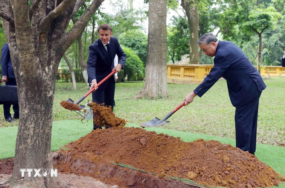 Tổng B&iacute; thư T&ocirc; L&acirc;m v&agrave; Tổng thống Ph&aacute;p trồng c&acirc;y hữu nghị trong Khu di t&iacute;ch Chủ tịch Hồ Ch&iacute; Minh- Ảnh 9.