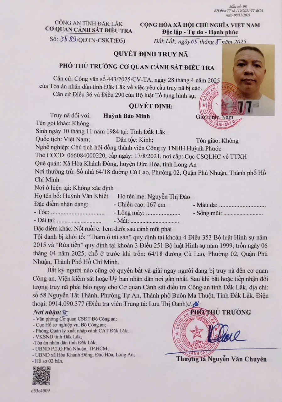 Truy n&atilde; cựu Chủ tịch HĐTV C&ocirc;ng ty TNHH Huỳnh Phước v&igrave; tham &ocirc; t&agrave;i sản v&agrave; rửa tiền - Ảnh 1.