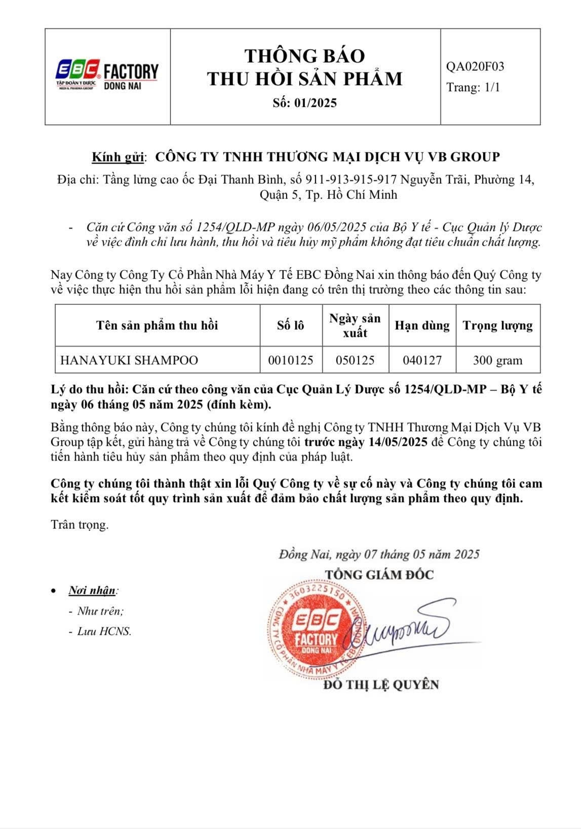 VB Group th&ocirc;ng b&aacute;o thu hồi l&ocirc; dầu gội Hanayuki Shampoo- Ảnh 2.