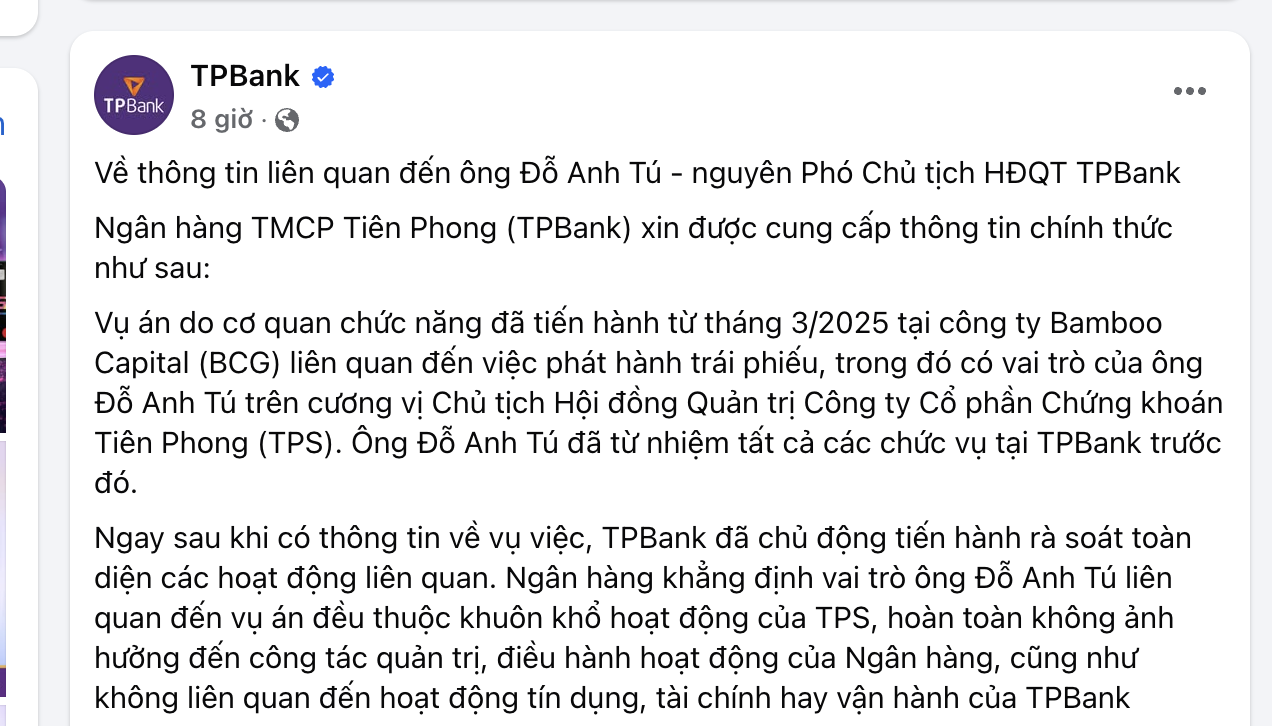 TPBank lên tiếng về ông Đỗ Anh Tú bị khởi tố và ảnh hưởng đến hoạt động ngân hàng - Ảnh 2.