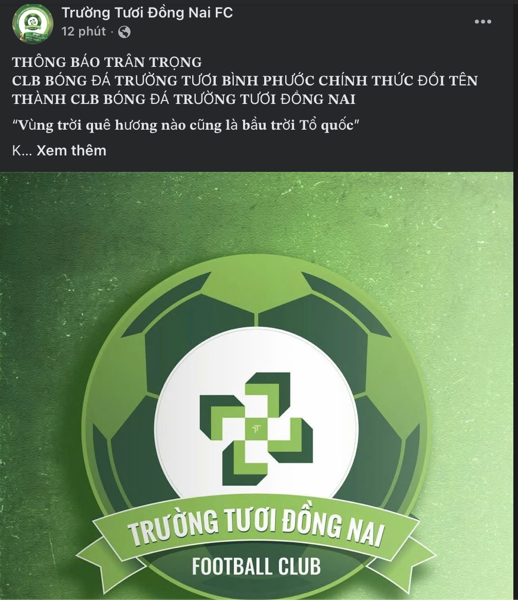 B&igrave;nh Phước ch&iacute;nh thức đổi t&ecirc;n th&agrave;nh CLB Trường Tươi Đồng Nai - Ảnh 1.