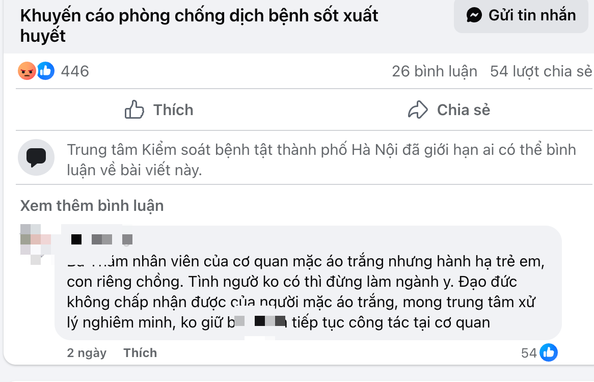 CDC H&agrave; Nội kh&oacute;a b&igrave;nh luận Fanpage v&igrave; nh&acirc;n vi&ecirc;n li&ecirc;n quan vụ 'mẹ kế bạo h&agrave;nh'- Ảnh 1.