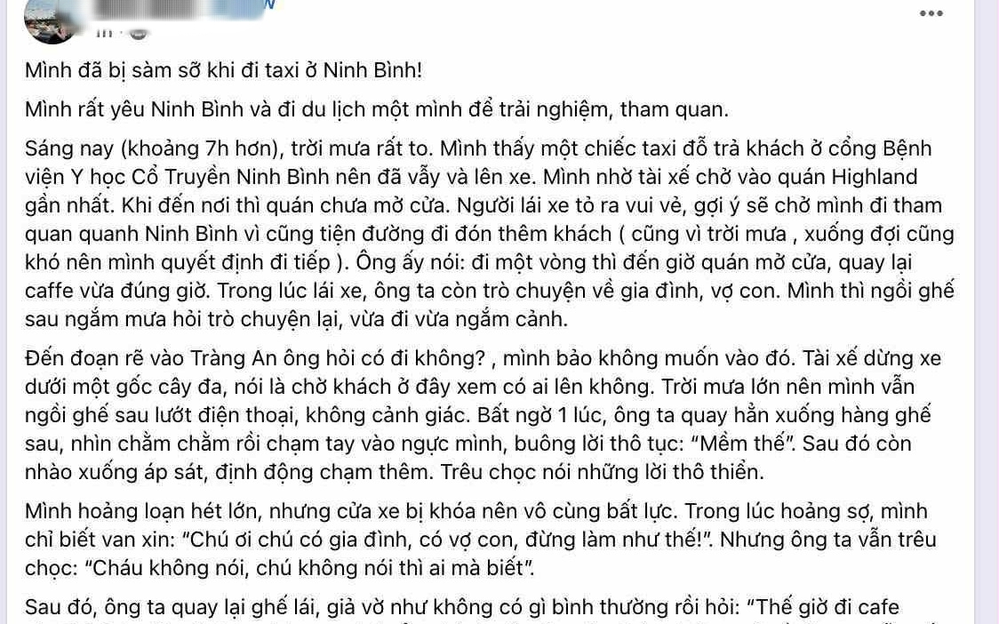 Điều tra thông tin cô gái trẻ "tố" bị tài xế taxi sàm sỡ khi đi du lịch ở Ninh Bình