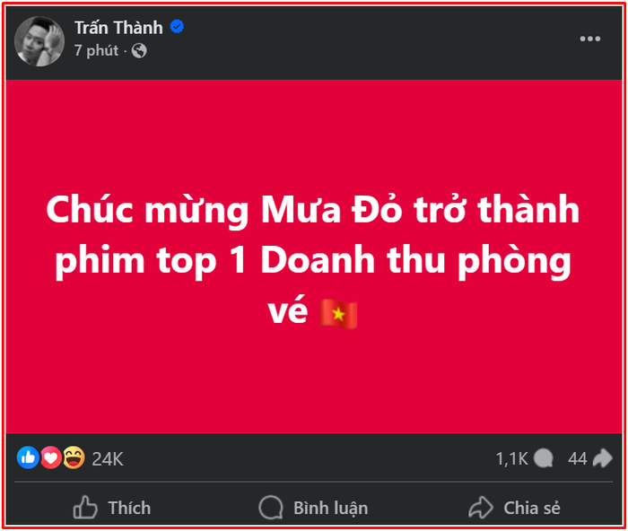Trấn Th&agrave;nh, L&yacute; Hải ch&uacute;c mừng "Mưa đỏ" l&ecirc;n tốp 1 - Ảnh 1.