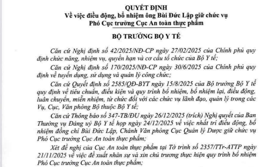 Cục An to&agrave;n thực phẩm c&oacute; th&ecirc;m l&atilde;nh đạo - Ảnh 1.