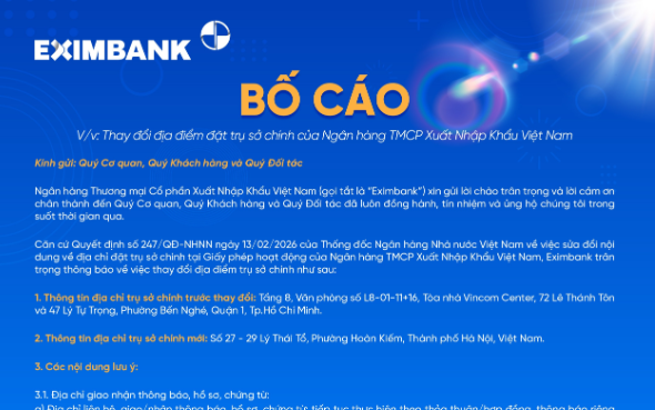 Eximbank thay đổi địa điểm đặt trụ sở chính, từ TPHCM ra Hà Nội 