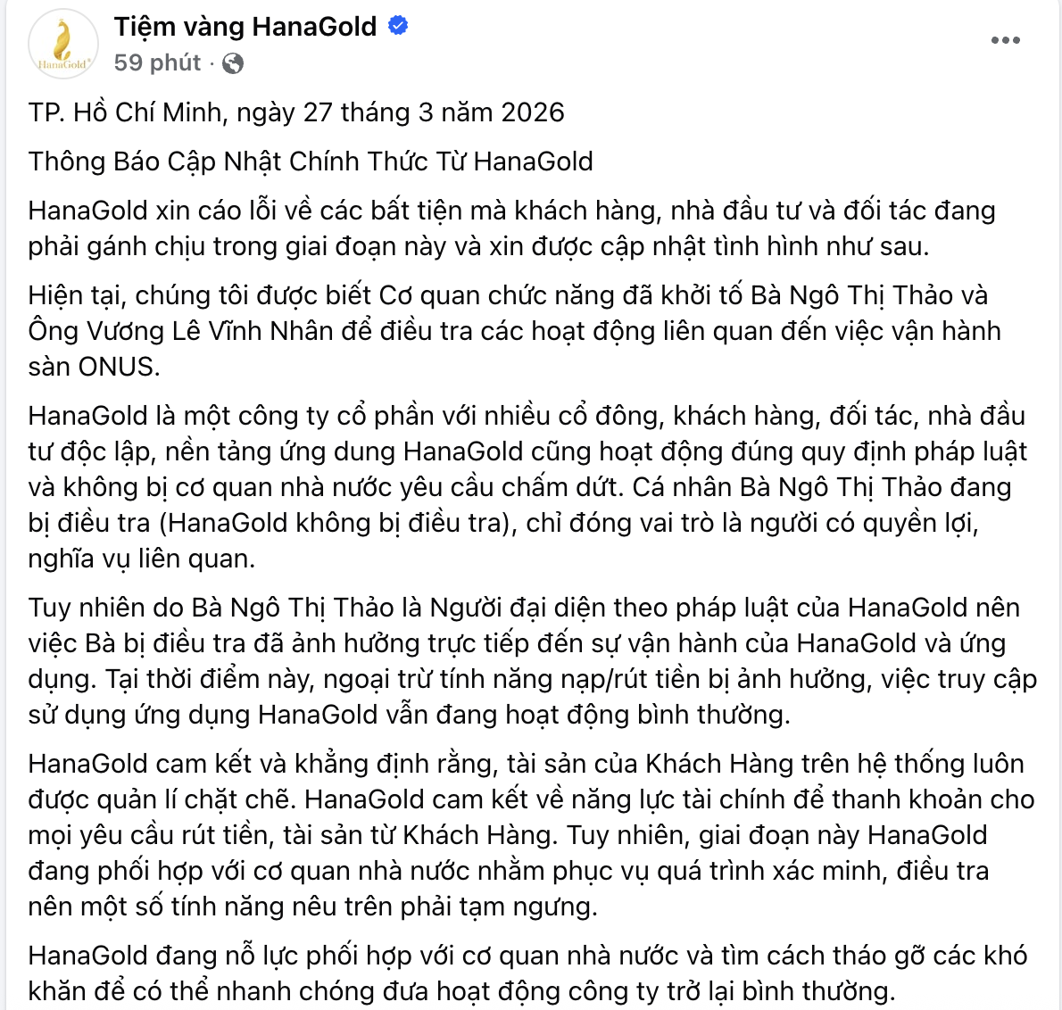 Hana Gold l&ecirc;n tiếng về hoạt động sau khi CEO Hana Ng&ocirc; bị bắt - Ảnh 1.