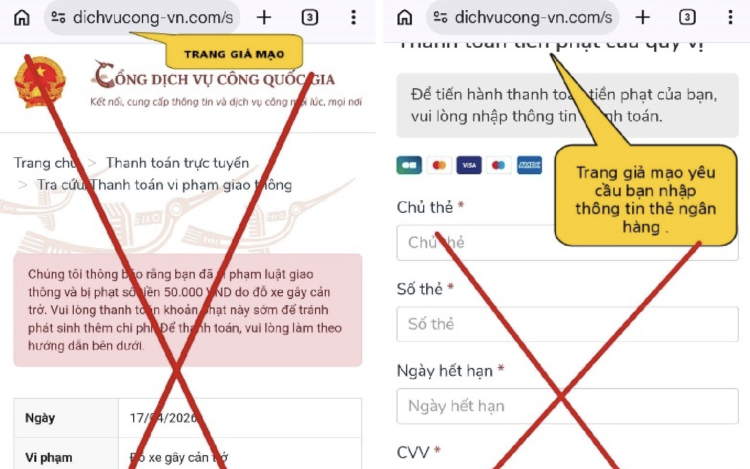 Cảnh báo chiêu lừa "phạt nguội 50.000 VND" qua website giả dịch vụ công