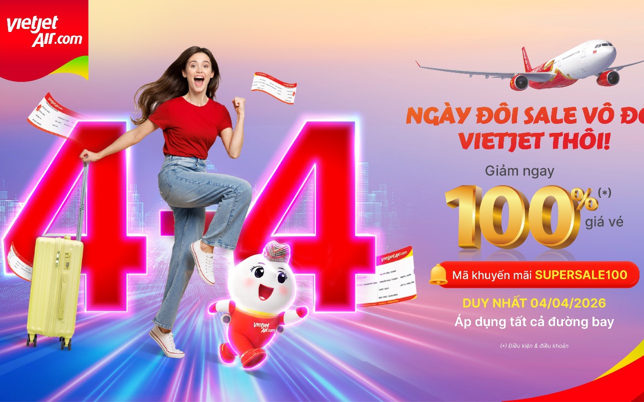 Vietjet giảm 100% giá vé mừng ngày đôi 4-4