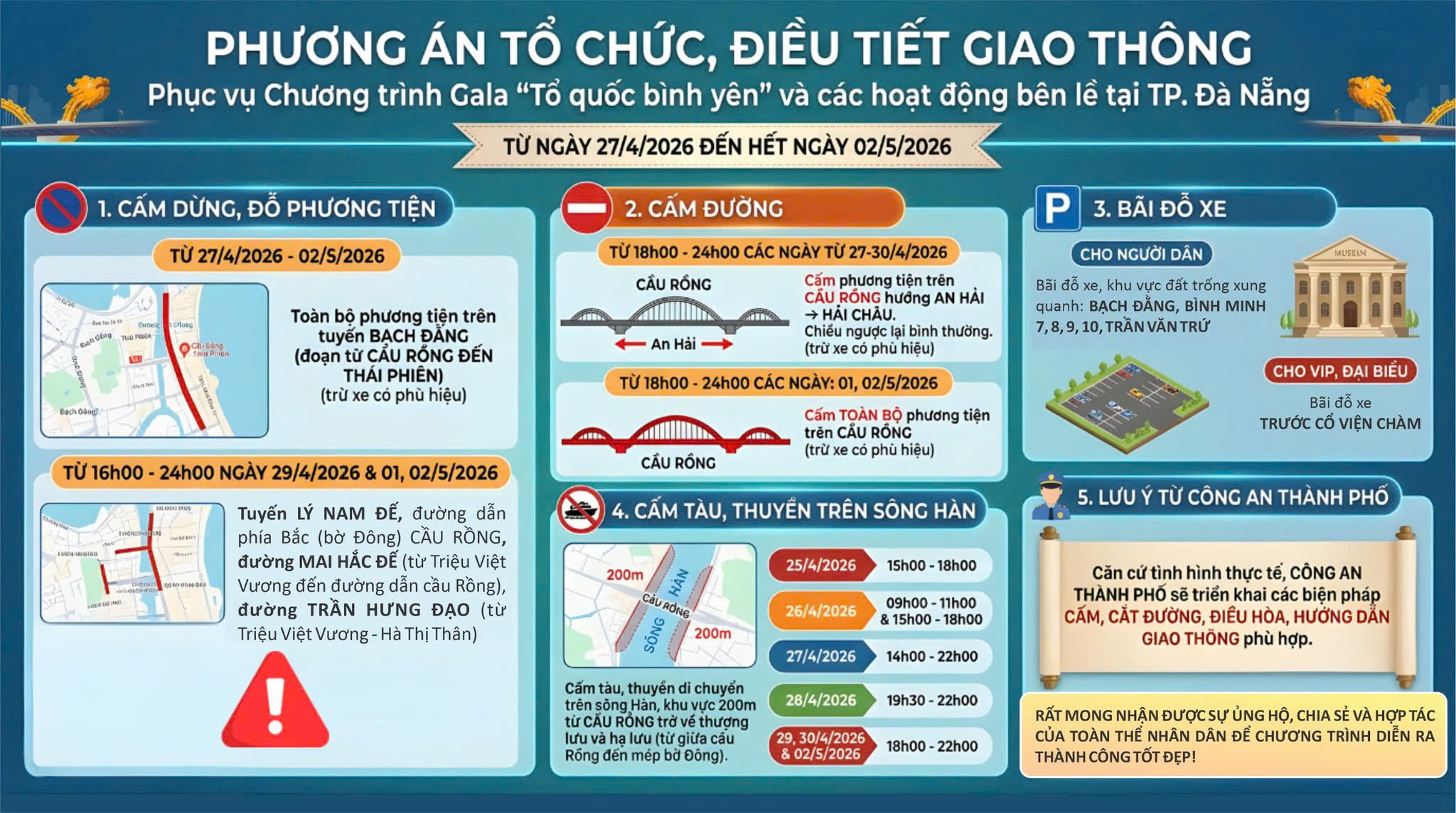 Lễ 30-4, Đà Nẵng cấm đường cầu Rồng, siết dừng đỗ hàng loạt tuyến ven sông Hàn - Ảnh 1.