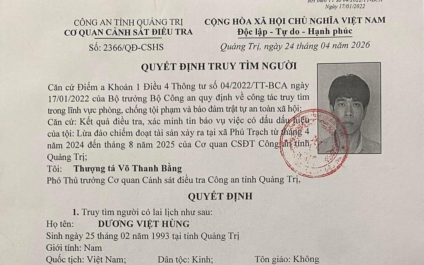 Công an tỉnh Quảng Trị truy tìm người đàn ông có tên Dương Việt Hùng