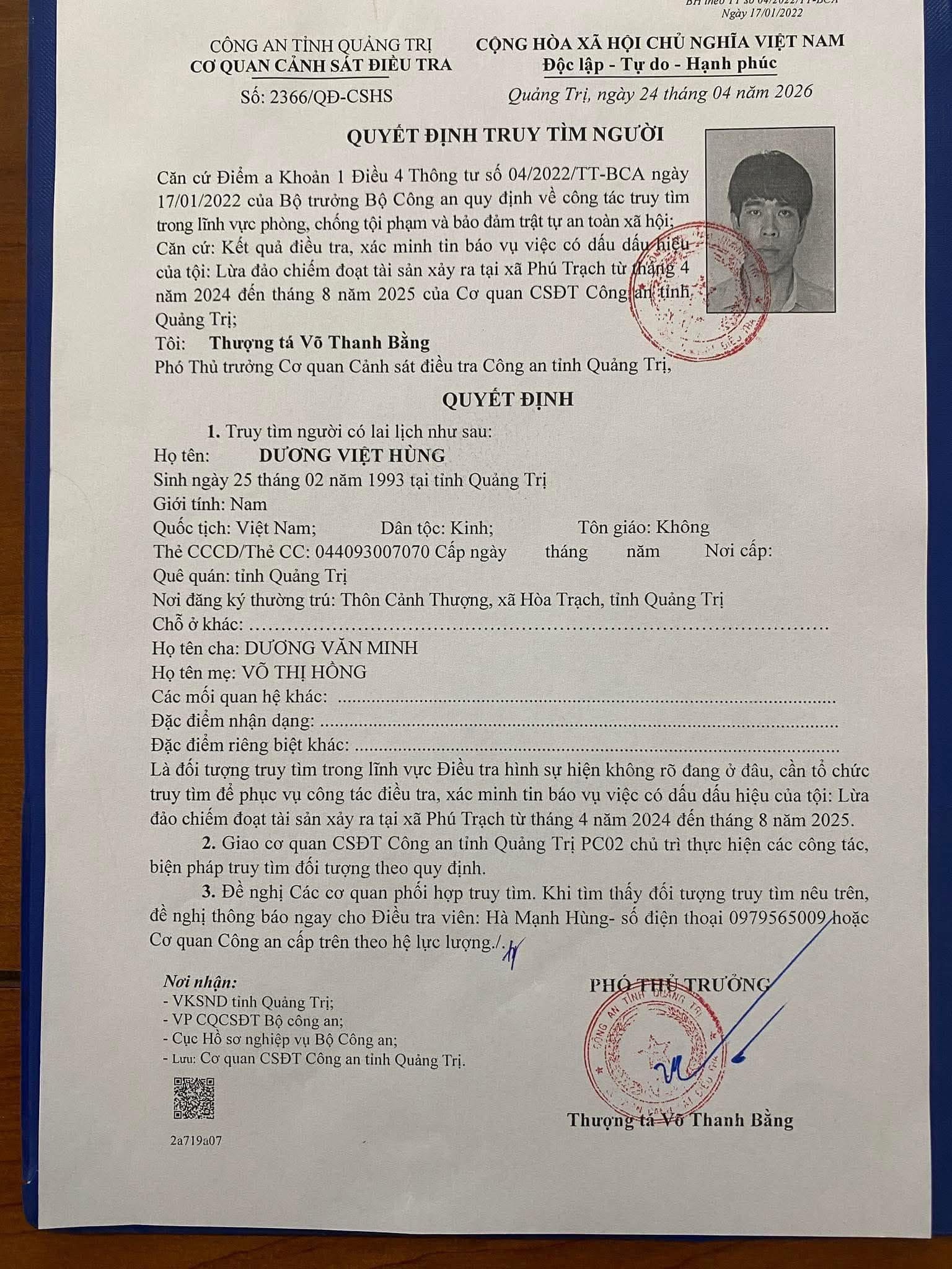 C&ocirc;ng an tỉnh Quảng Trị truy t&igrave;m Dương Viết H&ugrave;ng trong vụ lừa đảo t&agrave;i sản - Ảnh 1.