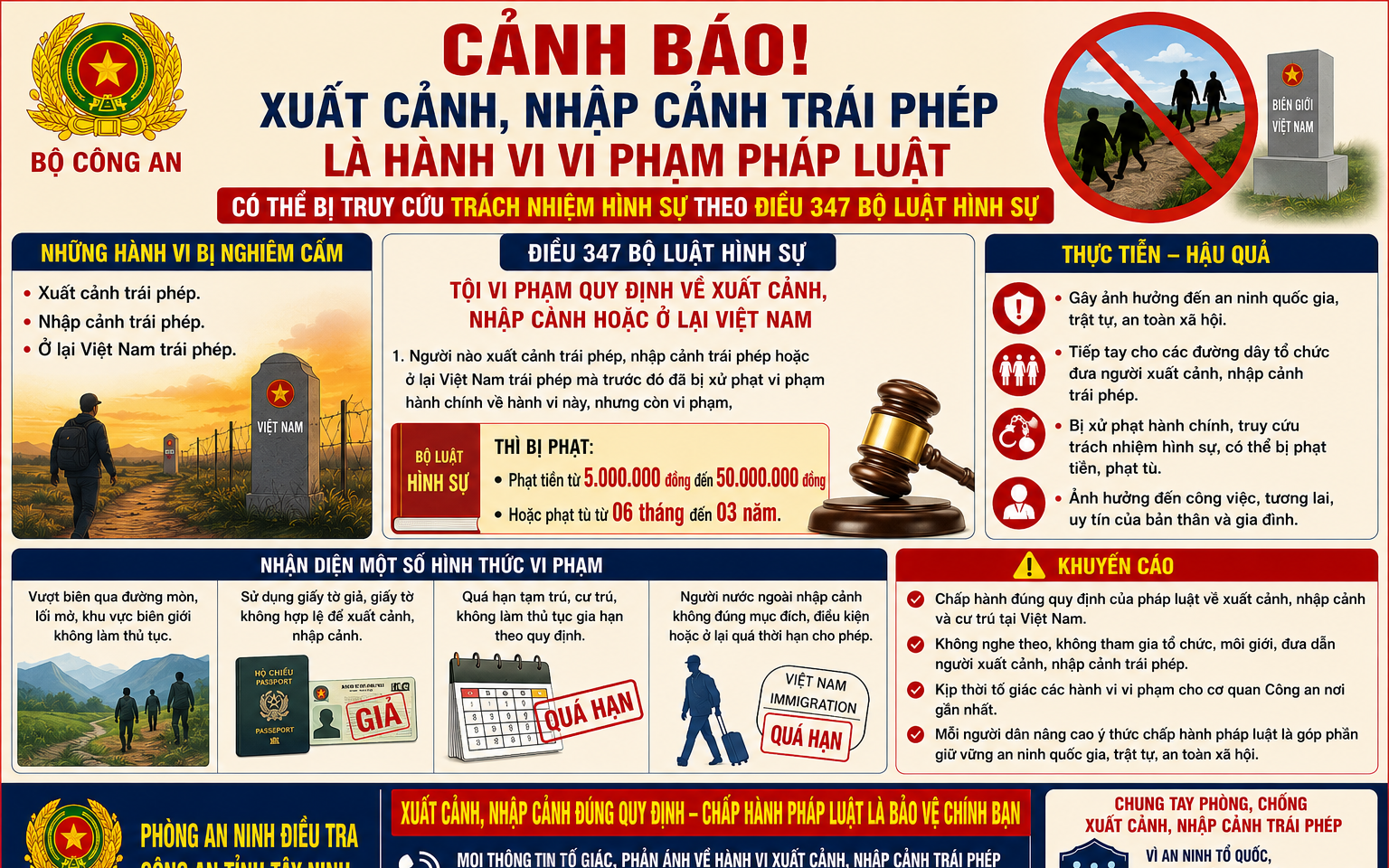 Công an Tây Ninh khuyến cáo thực hiện "3 không, 2 chủ động" trên tuyến biên giới