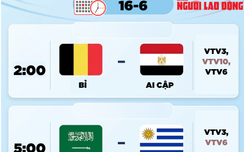 Lịch thi đấu World Cup 2026 hôm nay (16-6)