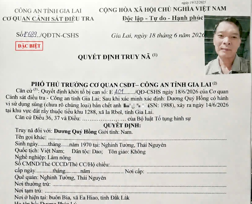 Truy nã đặc biệt dương Qúy Hồng trong vụ nổ súng bắn chết người ở Gia Lai - Ảnh 1.