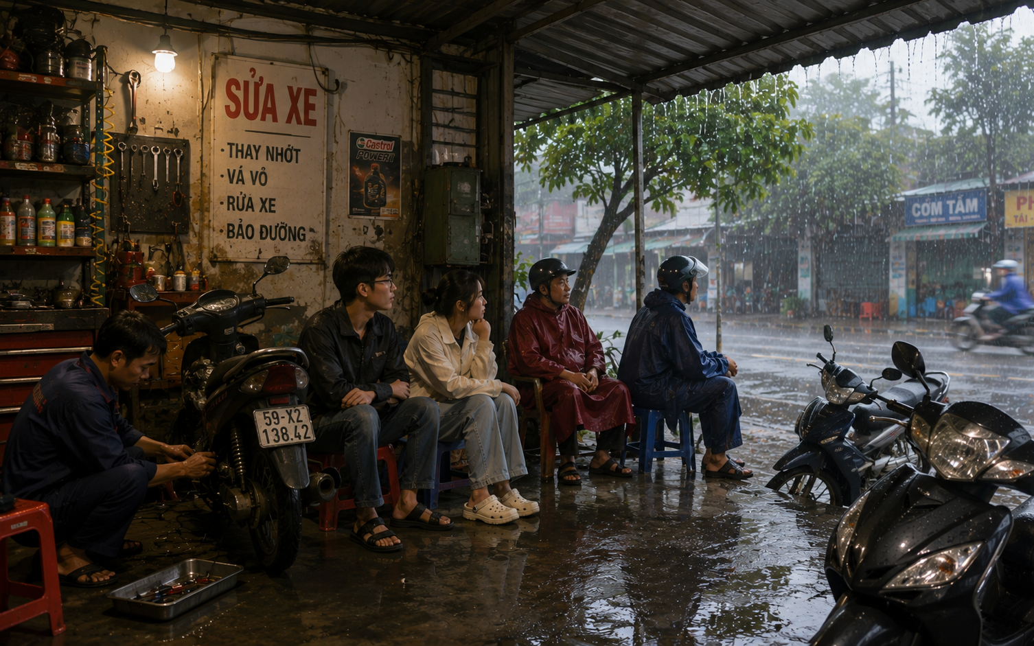 Mái hiên trong cơn mưa