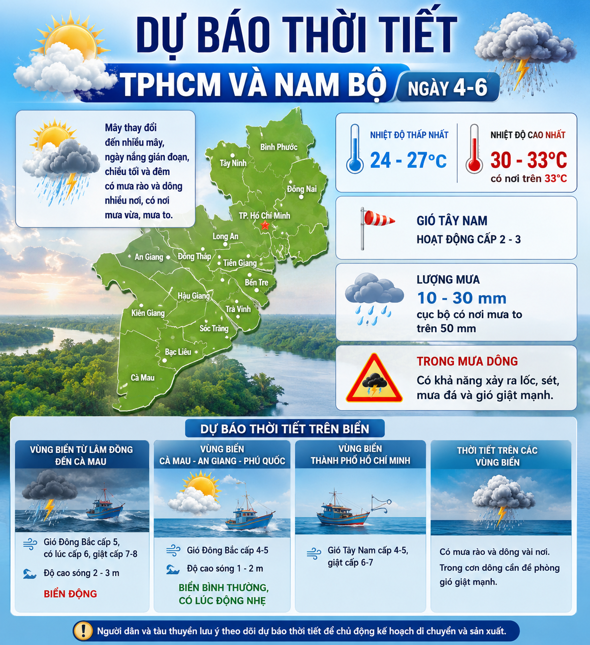 Dự b&aacute;o thời tiết h&ocirc;m nay, 4-6: TPHCM v&agrave; Nam Bộ c&oacute; mưa về chiều v&agrave; tối - Ảnh 2.