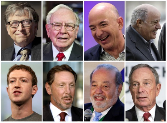 Một bức ảnh kết hợp cho thấy những người gi&agrave;u nhất th&eacute; giới. H&agrave;ng tr&ecirc;n, tr&aacute;i sang: Bill Gates, Warren Buffett, Jeff Bezos, Amancio Ortega. H&agrave;ng dưới, tr&aacute;i sang: Mark Zuckerberg, Larry Ellison, Carlos Slim v&agrave; Michael Bloomberg.