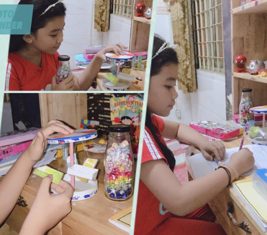 Với b&igrave;a tập, vỏ hộp ph&ocirc; mai,em  M&atilde; Kh&aacute;nh Tr&acirc;n đ&atilde; gấp được h&agrave;ng trăm ng&ocirc;i sao v&agrave; một chiếc x&iacute;ch đu