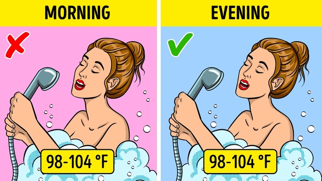 Tắm nước n&oacute;ng  Tắm nước n&oacute;ng v&agrave;o buổi s&aacute;ng kh&ocirc;ng phải l&agrave; sự lựa chọn tốt nhất v&igrave; nhiệt độ cao l&agrave; một t&iacute;n hiệu gi&uacute;p cơ thể c&oacute; một giấc ngủ s&acirc;u. Sẽ tốt hơn nếu bạn tắm nước n&oacute;ng v&agrave;o ban đ&ecirc;m v&igrave; sự thay đổi nhiệt độ cơ thể n&agrave;y sẽ tạo ra một xung lực trong cơ thể ch&uacute;ng ta để ngủ nhanh hơn. Một bồn tắm với nước ấm thực sự l&agrave; một c&aacute;ch tuyệt vời để thư gi&atilde;n v&agrave; tạm biệt chứng mất ngủ. Tắm nước n&oacute;ng hoặc tắm trước khi đi ngủ c&oacute; rất nhiều lợi &iacute;ch: n&oacute; l&agrave;m dịu thần kinh, l&agrave;m sạch lỗ ch&acirc;n l&ocirc;ng bị tắc, ổn định nồng độ glucose trong m&aacute;u, thư gi&atilde;n xương sống v&agrave; n&oacute; rất quan trọng sau một ng&agrave;y l&agrave;m việc d&agrave;i. Nhưng h&atilde;y ch&uacute; &yacute; đừng tắm sau 11 giờ bạn nh&eacute;!