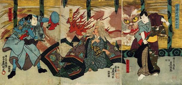 Một Nekomata đang tấn c&ocirc;ng con người - Tranh của họa sĩ Utagawa Kunisada (1847)