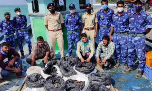 Lực lượng bảo vệ động vật hoang d&atilde; biển ở quần đảo Lakshadweep của Ấn Độ với vụ bắt giữ 486 con hải s&acirc;m chết v&agrave;o th&aacute;ng trước. Ảnh: Sở L&acirc;m nghiệp Lakshadweep