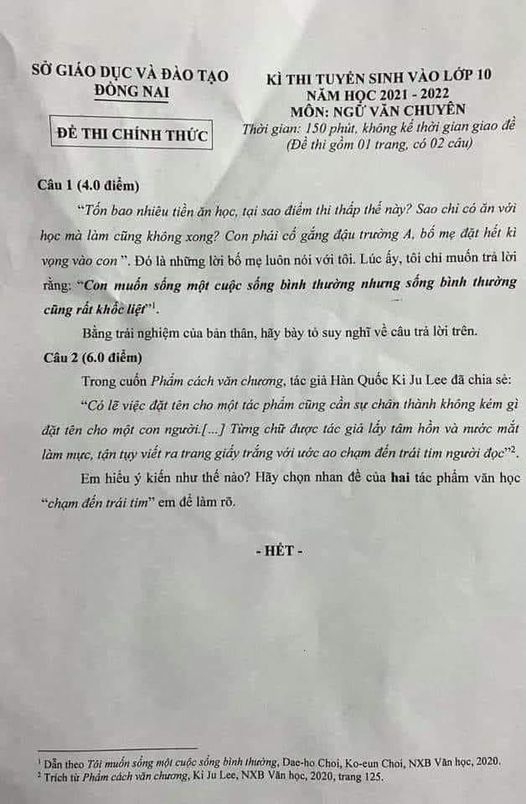 Đề thi tuyển sinh lớp 10 m&ocirc;n ngữ Văn của khối chuy&ecirc;n Văn tỉnh Đồng Nai g&acirc;y x&ocirc;n xao mạng x&atilde; hội. Ảnh: internet