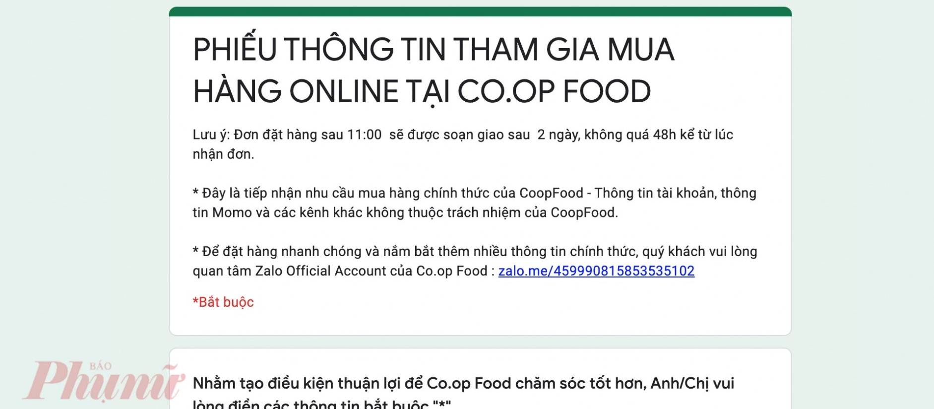 Phiếu th&ocirc;ng tin tham gia mua h&agrave;ng online vừa được chuỗi cửa h&agrave;ng Co.opFood triển khai