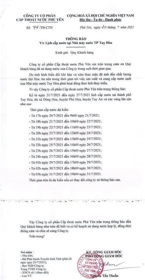 Th&ocirc;ng b&aacute;o lịch cấp nước của Nh&agrave; m&aacute;y nước Tuy H&ograve;a  